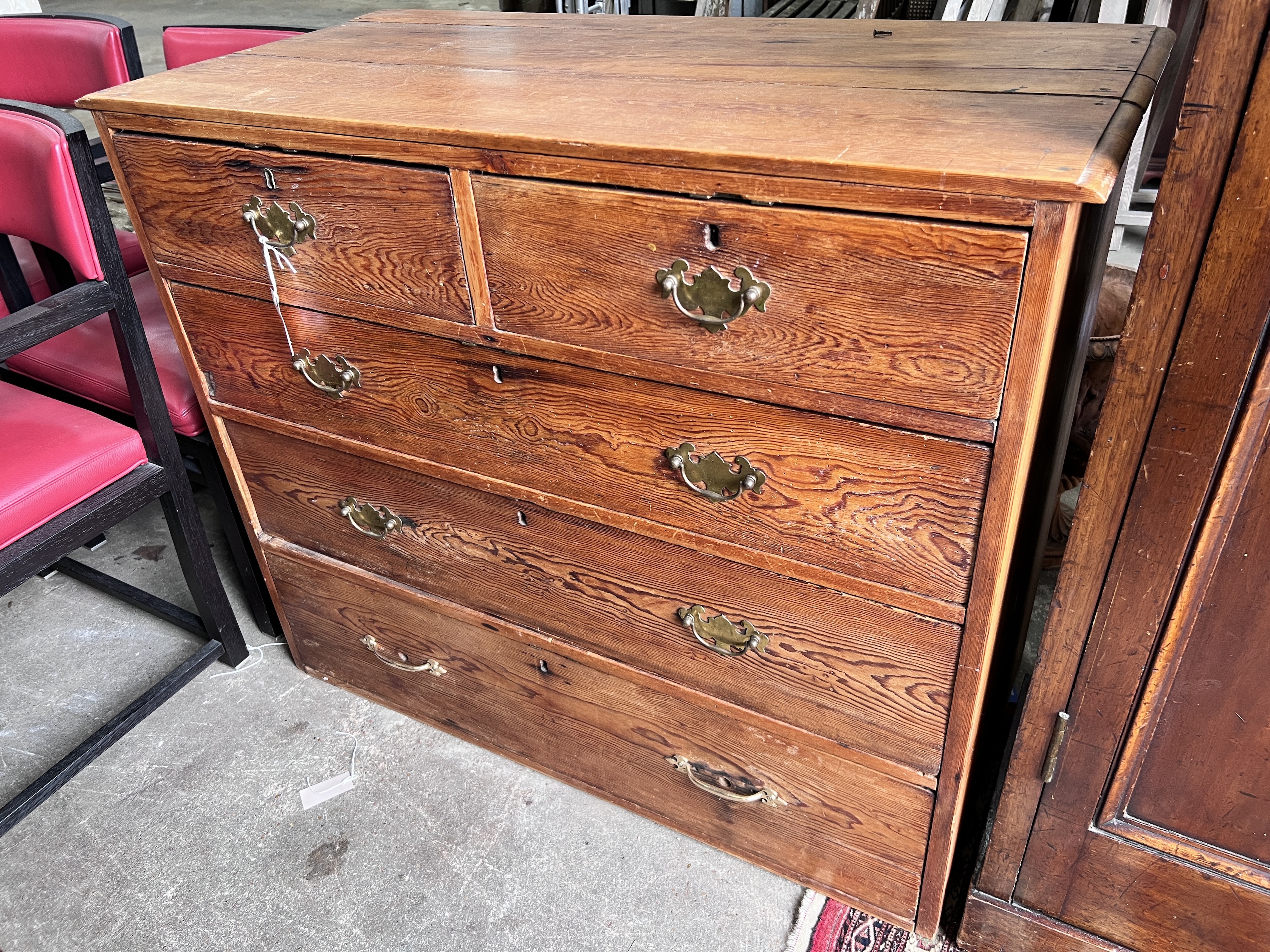 Royal interest - A Victorian pine chest marked with the Royal Cypher dated 1866 Windsor Castle Room 491, width 106cm, depth 53cm, height 89cm